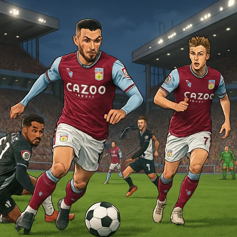 A vibrant scene at Villa Park during a Europa League match, with Aston Villa players in claret and blue jerseys, the stadium filled with passionate fans, and a green pitch showcasing the intensity of