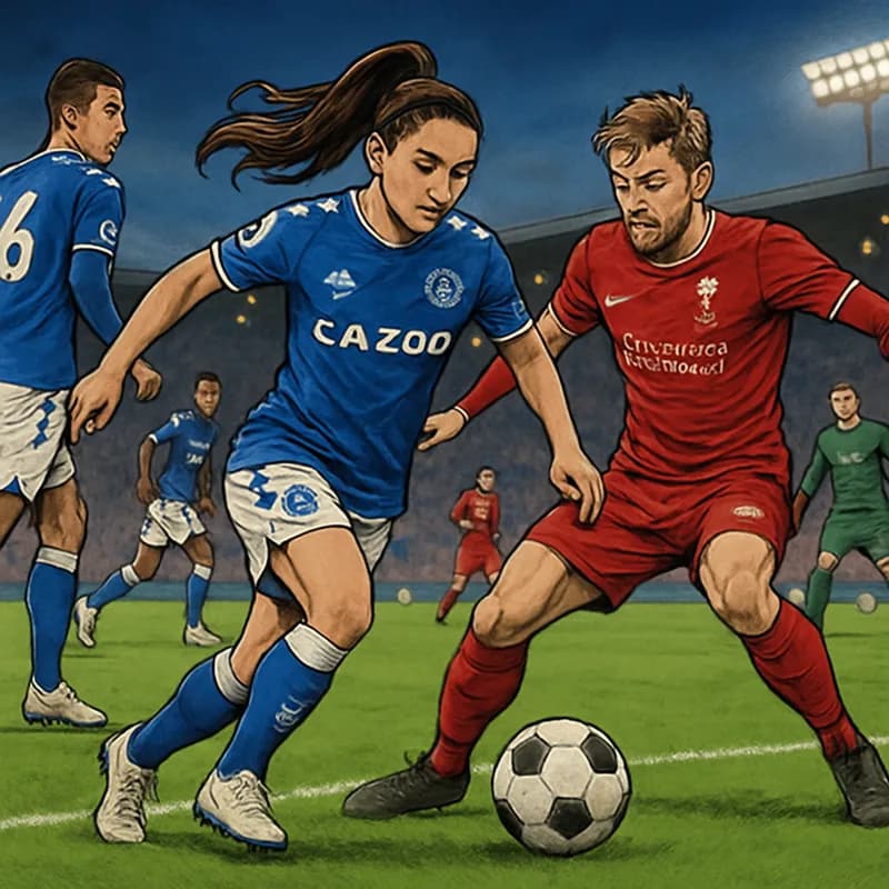 A vibrant scene at Finch Farm, Everton's training ground, where Aurora Galli trains in her blue Everton kit. The atmosphere is focused, with lush green pitches and soccer balls scattered around. Teamm