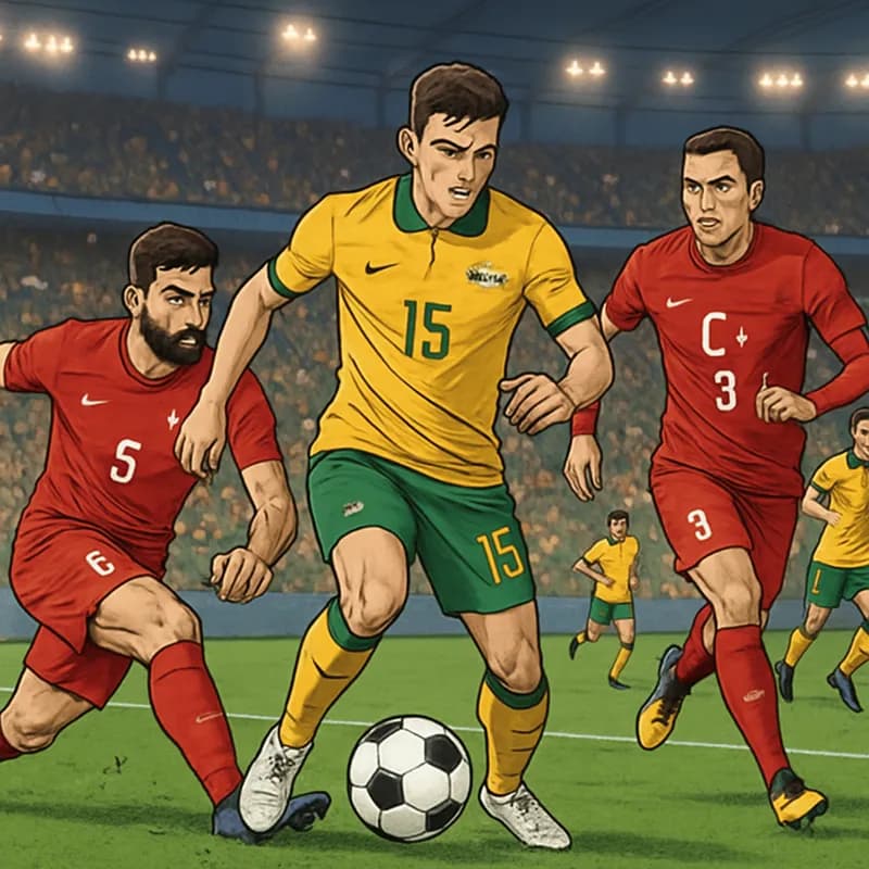 A vibrant scene at BC Place, filled with fans in green and gold Australia jerseys and red Turkish kits, celebrating the anticipation of the match. The stadium is alive with flags and cheers, showcasin