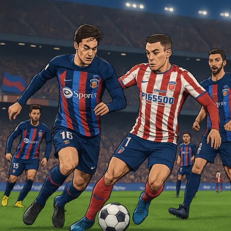 A tense moment during a match at Camp Nou, with Barcelona players in their iconic blue and garnet kits battling Atletico Madrid in their red and white stripes. The stadium is buzzing with energy, fans