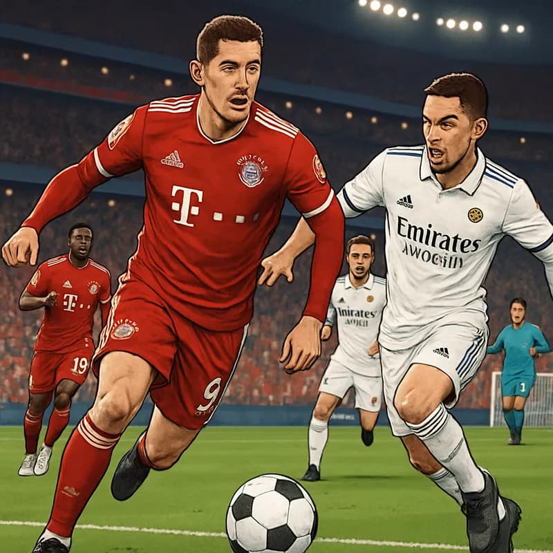 A vibrant scene at Allianz Arena during the Bayern Munich vs Real Madrid match, showcasing Bayern's red and white jerseys and Real's white kits. The atmosphere is electric, with fans cheering, a green