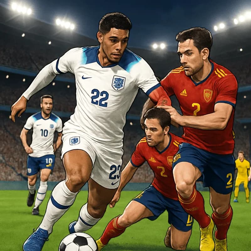A vibrant scene at a soccer stadium showcasing Jude Bellingham in a white England kit, dribbling the ball on a lush green pitch under the bright lights, surrounded by teammates and fans cheering in th