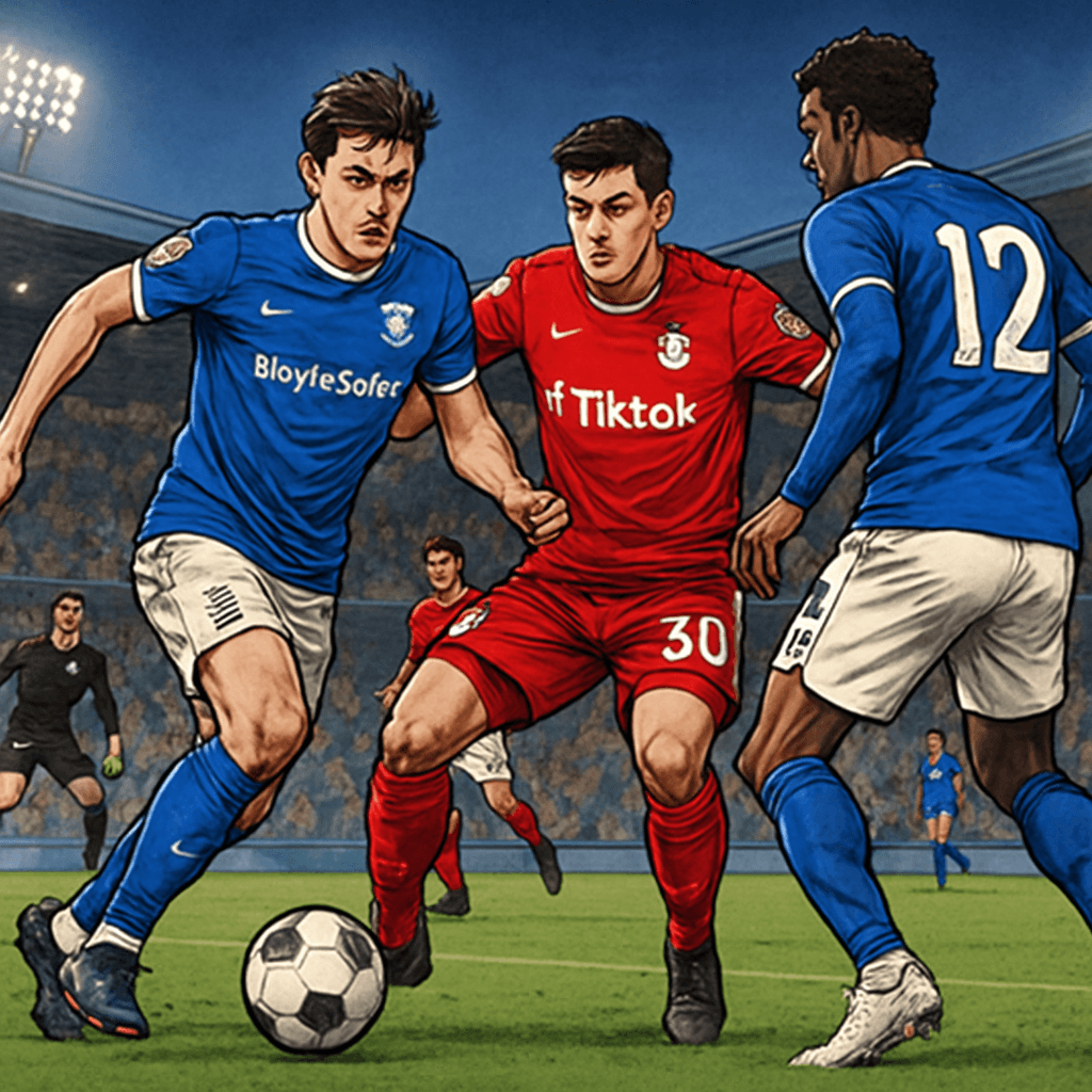 A vibrant scene at St. Andrew's Stadium, with Birmingham City in their blue and white home kit and Wrexham in their red and white jerseys, as fans fill the stands, creating an electric atmosphere for