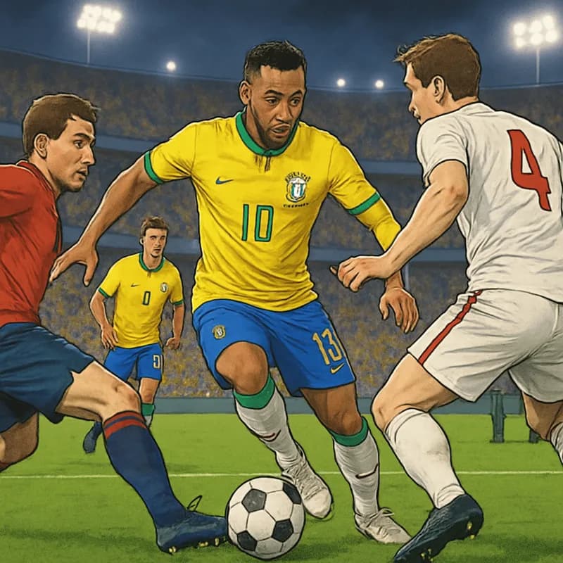 A vibrant scene at a World Cup match featuring Brazil's players in their iconic yellow and green jerseys, with fans cheering in a lively stadium atmosphere, capturing the excitement of international f