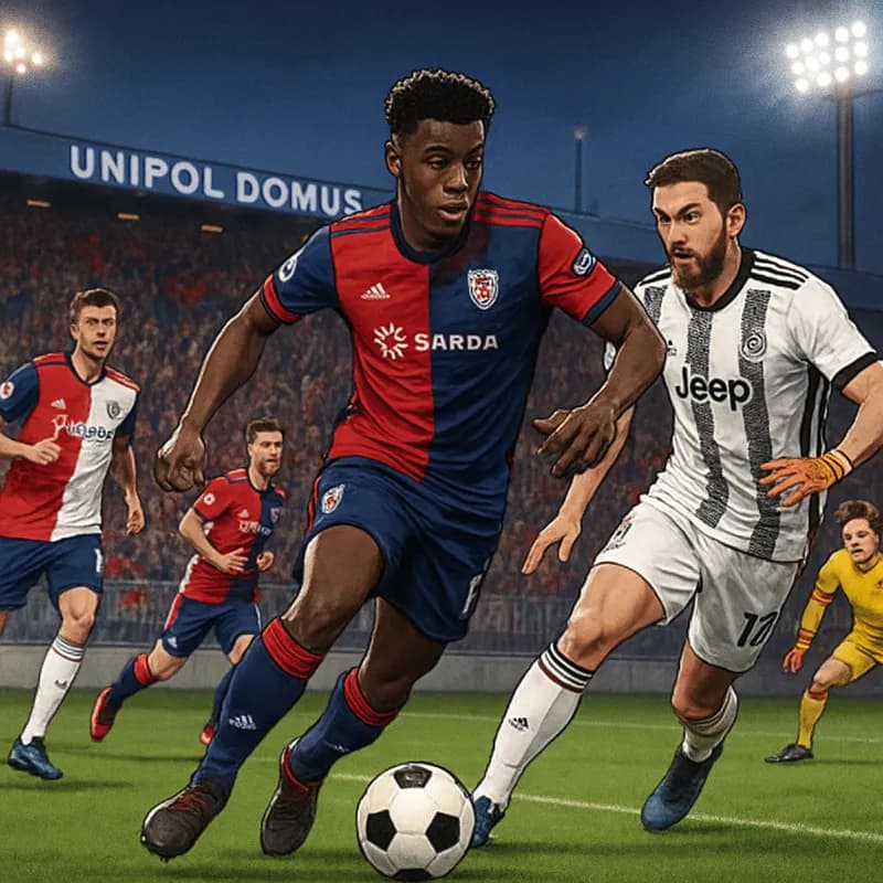 A dynamic scene at Cagliari's home stadium, the Unipol Domus, filled with excited fans in red and blue jerseys, cheering as Demi Akarakiri, wearing Cagliari's colors, trains on the pitch under bright