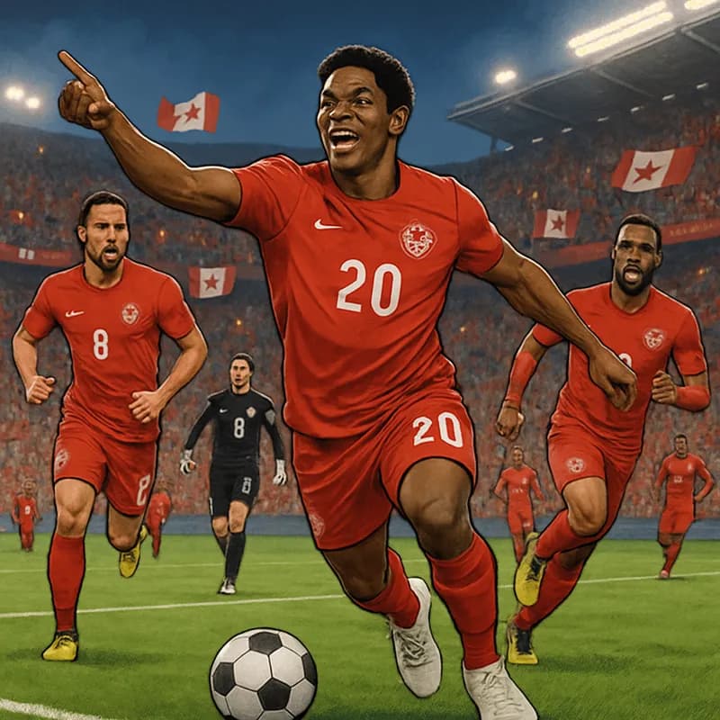 A vibrant soccer scene depicting Jonathan David celebrating a goal for Canada in a red jersey, surrounded by teammates in a packed stadium with fans waving Canadian flags. The atmosphere is electric w