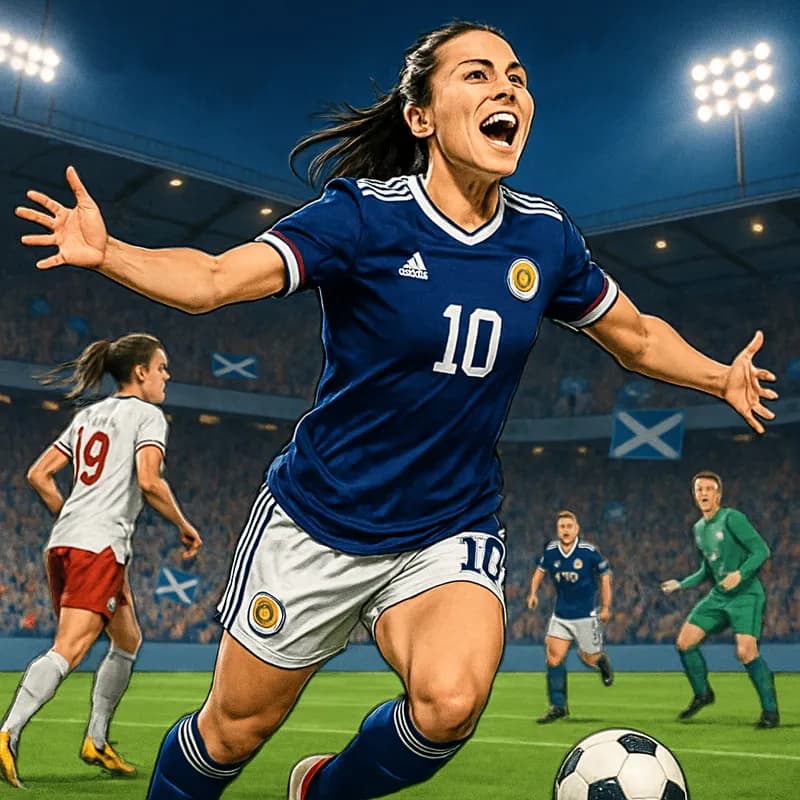 A vibrant scene depicting Caroline Weir in Scotland's national team kit, a deep blue jersey with white accents, celebrating a goal in a packed stadium. Fans wave flags, creating an electric atmosphere