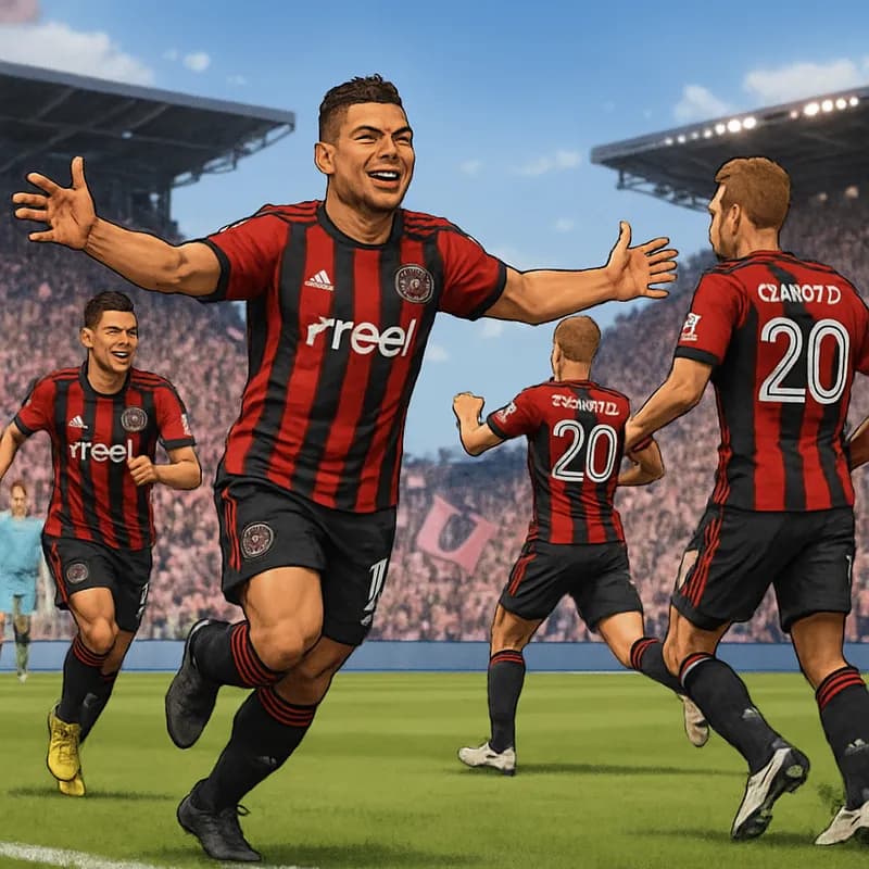 A vibrant scene at Inter Miami's DRV PNK Stadium, with Casemiro in a red and black striped Inter Miami jersey, celebrating with teammates on a sunny day. The crowd is lively, waving flags and banners,
