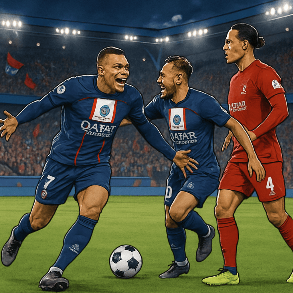 A vibrant scene at the Parc des Princes with PSG players in their blue and red kits celebrating a goal against Liverpool, while fans in the stands wave flags. The atmosphere is electric, with a green