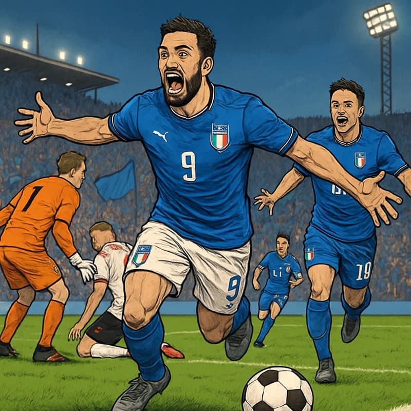A packed stadium in Italy with fans in blue jerseys celebrating a goal. The atmosphere is electric, with banners waving and a soccer ball in the foreground on the green pitch.