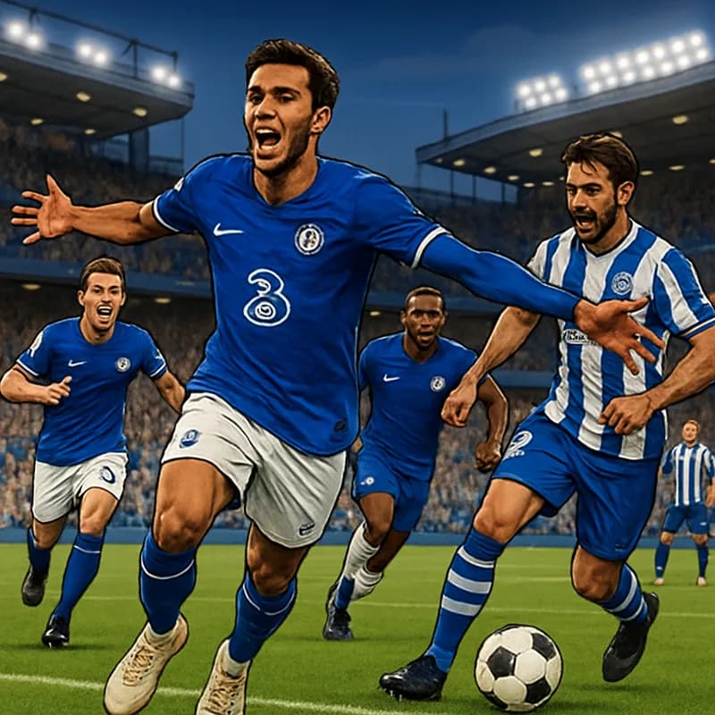 A vibrant football scene at Stamford Bridge during a pre-season friendly between Chelsea and Real Sociedad. Chelsea players in their traditional blue kits with white shorts, while Real Sociedad player