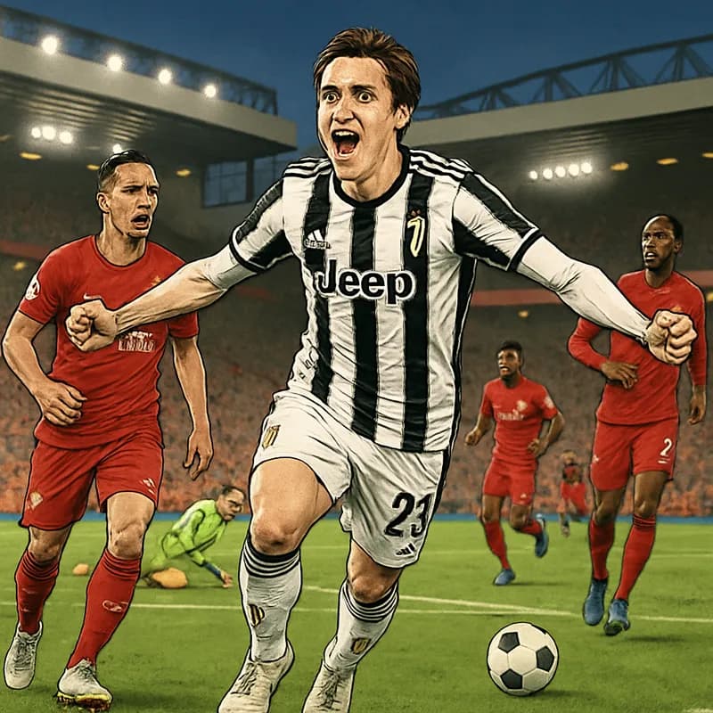 A vibrant scene at Anfield during a friendly match, with Liverpool players in their traditional red kits, showcasing Chiesa celebrating a goal. The stadium is filled with passionate fans, creating an