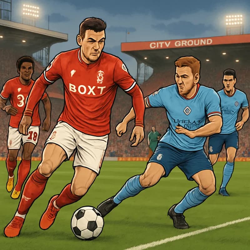 A vibrant scene at the City Ground during a Nottingham Forest match, with fans in red and white jerseys cheering. The players are focused on the game, with a green pitch and a soccer ball in play.