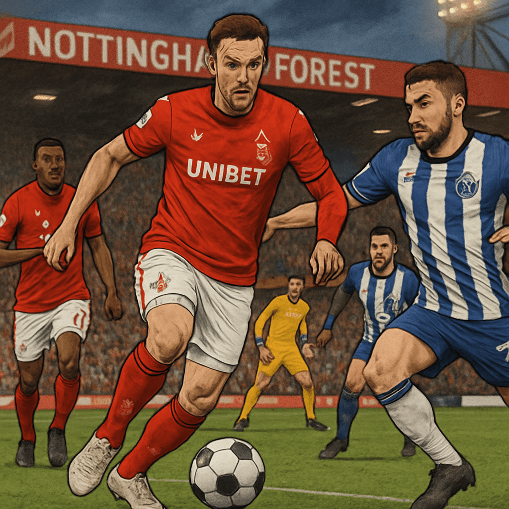 A vibrant scene at the City Ground, Nottingham, with Chris Wood in Nottingham Forest's red and white kit, training intensively. The stadium is filled with eager fans, creating an electric atmosphere a