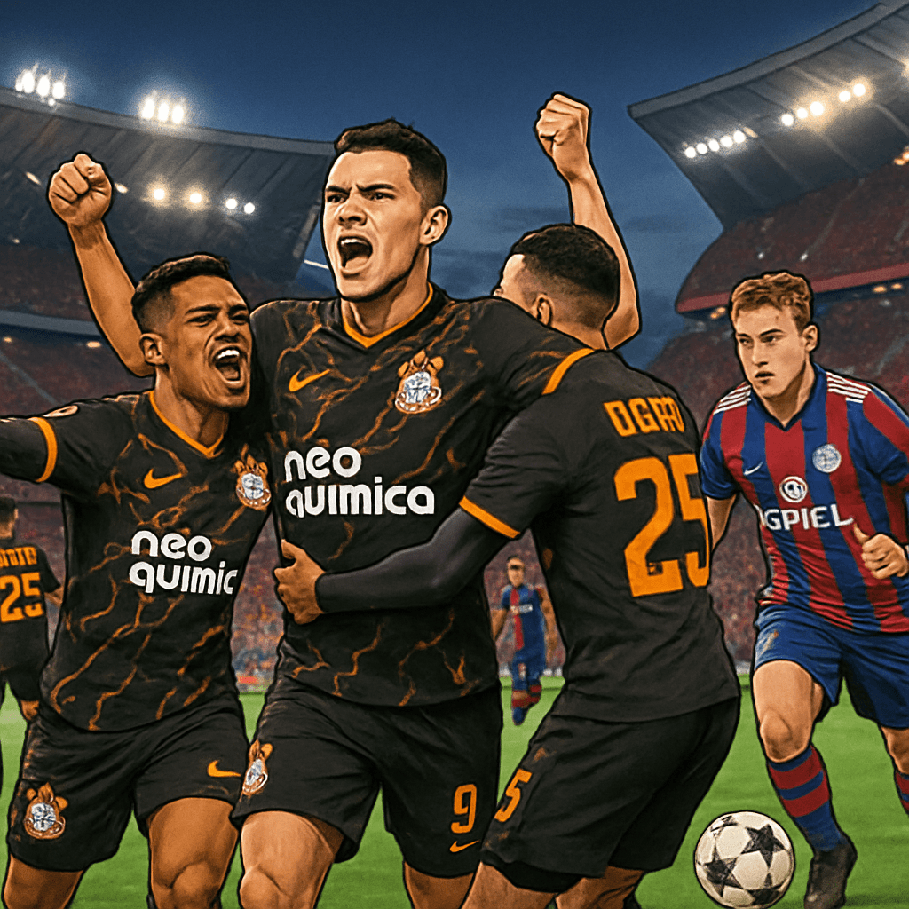 A vibrant stadium scene showcasing Corinthians' new black and orange third kit as players celebrate a goal. The Allianz Arena glows in the background, highlighting Bayern Munich's retro red-and-blue j