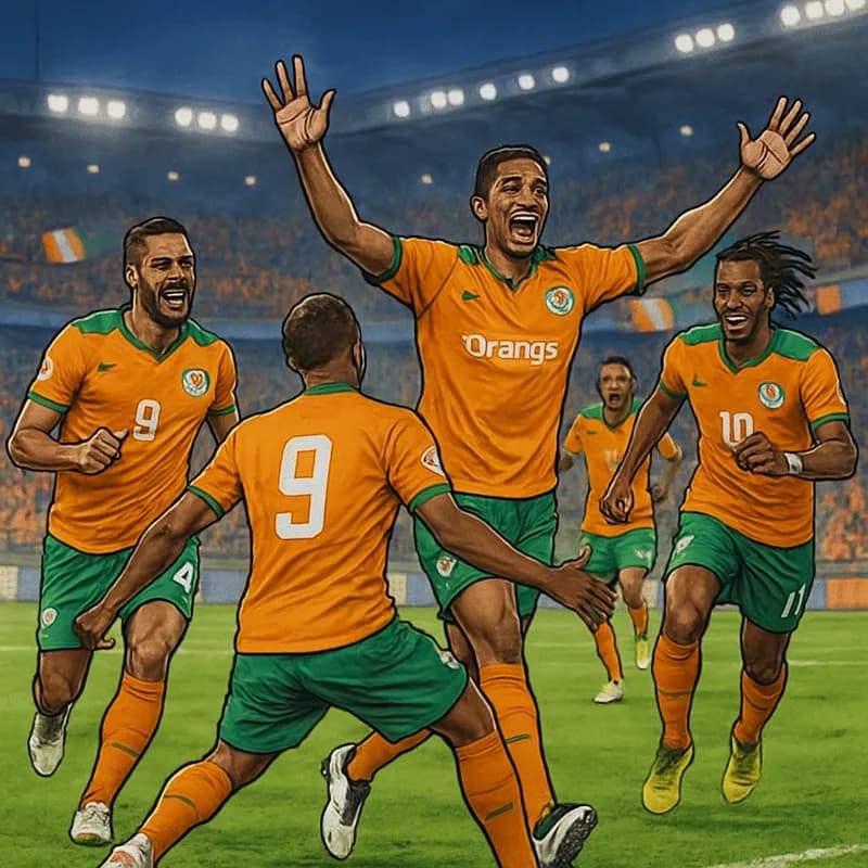 A vibrant scene at a packed stadium with Côte d'Ivoire players in their iconic orange and green kits, celebrating a goal on the pitch, surrounded by enthusiastic fans waving flags and banners.