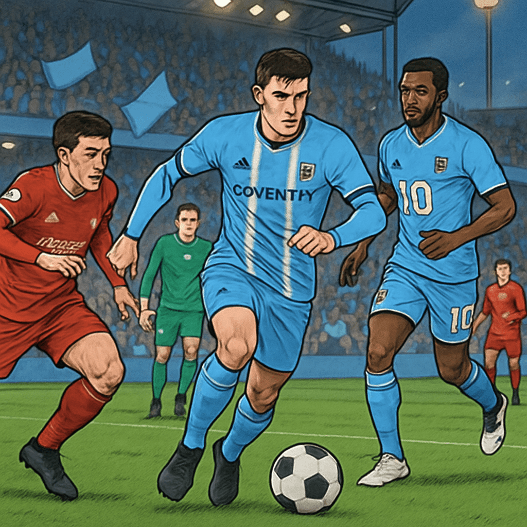 A vibrant scene at Coventry's home ground, with fans in sky blue jerseys celebrating in the stands. The atmosphere is electric, with flags waving and a green pitch visible. The excitement of a potenti