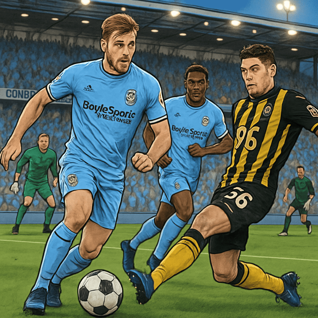 A vibrant scene at Coventry's home ground, the Coventry Building Society Arena, filled with fans in sky blue jerseys celebrating. The atmosphere is electric as the team prepares to take on Sheffield W