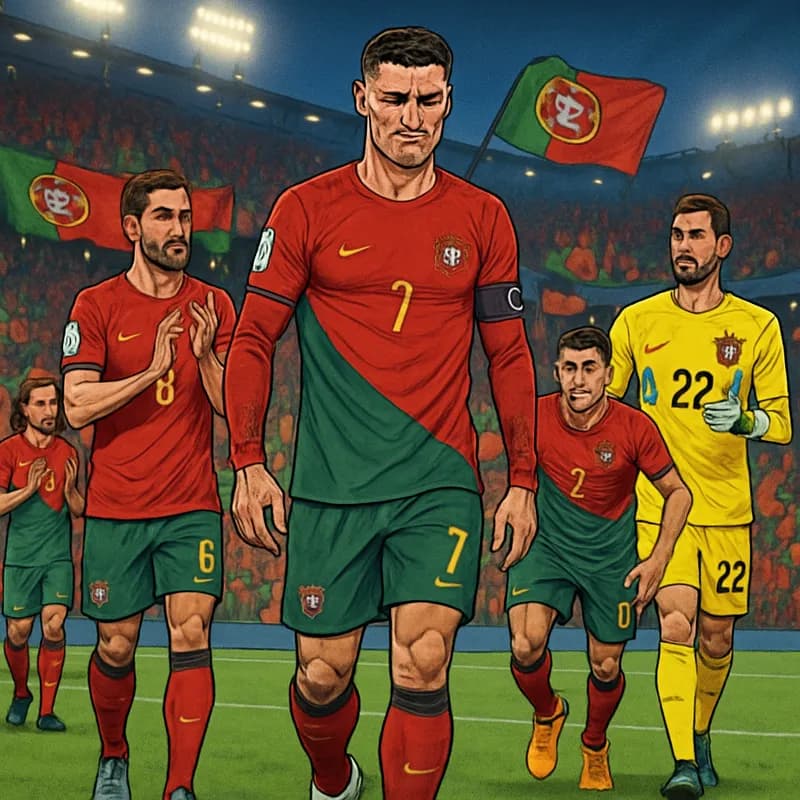 A scene depicting a packed stadium with fans in Portugal's red and green jerseys, celebrating Cristiano Ronaldo's final match. The atmosphere is electric, with banners and flags waving, as Ronaldo wal