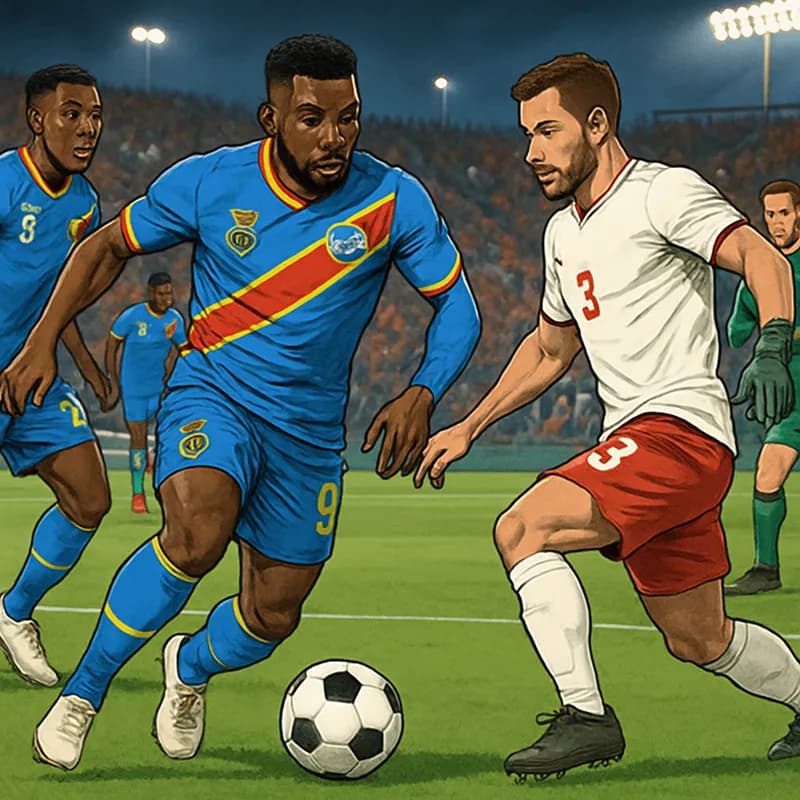 A scene at a training facility with DRC players in their blue and yellow kits, practicing on a green pitch. The atmosphere is tense yet focused, with coaches observing intently. The backdrop features