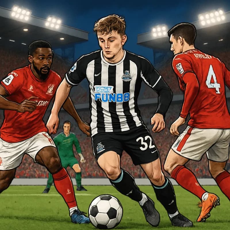 A vibrant scene at a packed stadium, with fans wearing Nottingham Forest's red and white kit, cheering enthusiastically as Elliot Anderson dribbles the ball on a lush green pitch under bright stadium