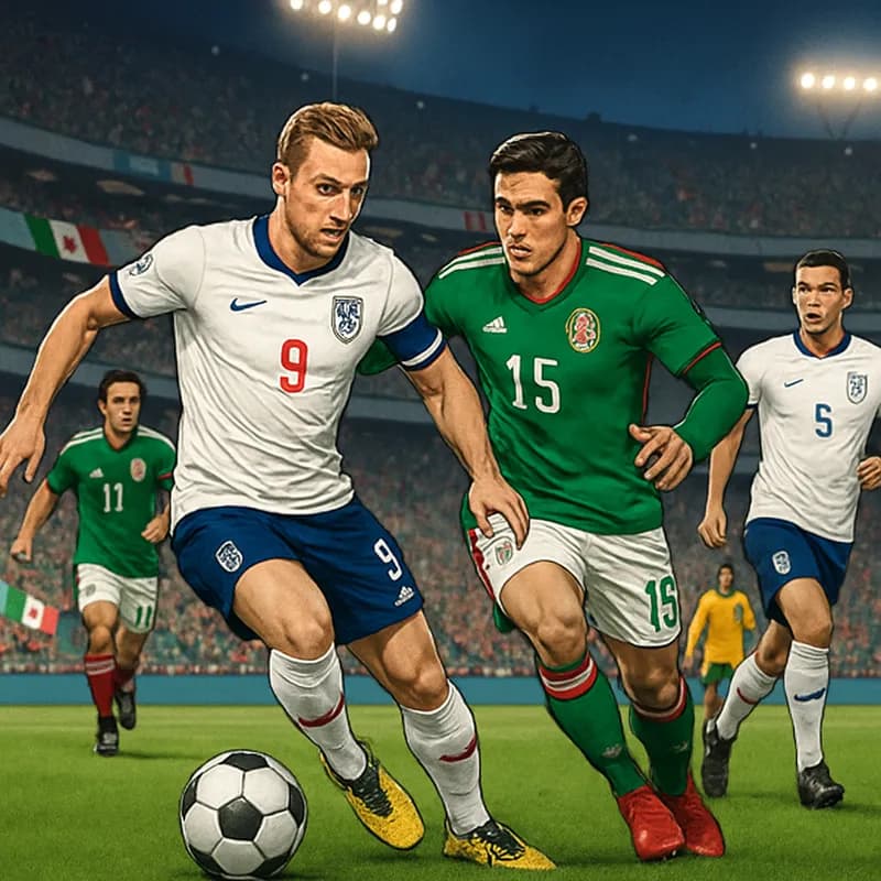 A vibrant scene at Azteca Stadium during the World Cup, showcasing England in their white jerseys and Mexico in their green kits. The stadium is packed with passionate fans waving flags and creating a