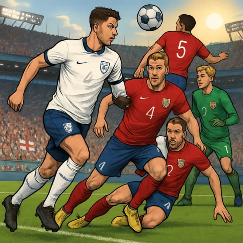A vibrant scene at the Hard Rock Stadium in Miami, with England players in their traditional white jerseys with red accents, facing off against Norway in their red and blue kits. The stadium is packed