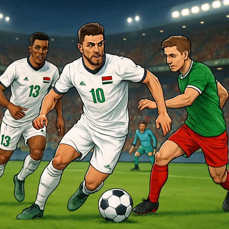 A vibrant scene at a bustling stadium with fans in traditional Iraqi colors of green, white, and red, cheering passionately as Iraq's players in their white kits prepare for a match. The atmosphere is