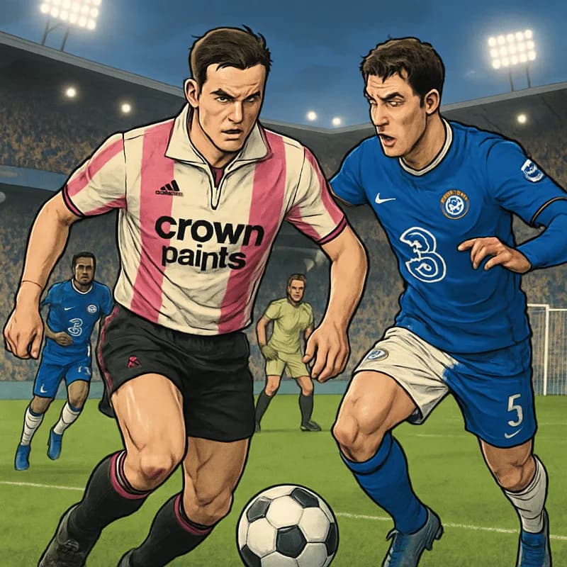 A vibrant soccer scene featuring a retro-styled Kappa jersey with bold pink stripes and a cream zip-up jacket. Fans in the stands cheer excitedly, with a lush green pitch and goalposts in the backgrou