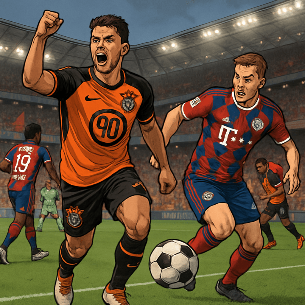 A vibrant scene at a packed Allianz Riviera during a game, with fans wearing Corinthians' striking black and orange Total 90 kit and Bayern's retro red-and-blue diamond-patterned jersey, celebrating a