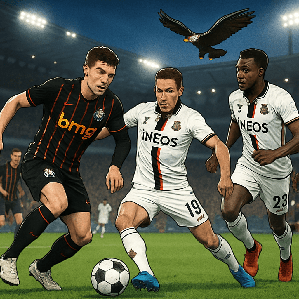 An electric atmosphere at Allianz Riviera during a match, with OGC Nice's Mefi the eagle soaring above. Fans in vibrant black and orange Corinthians kits cheer passionately as the team plays under the