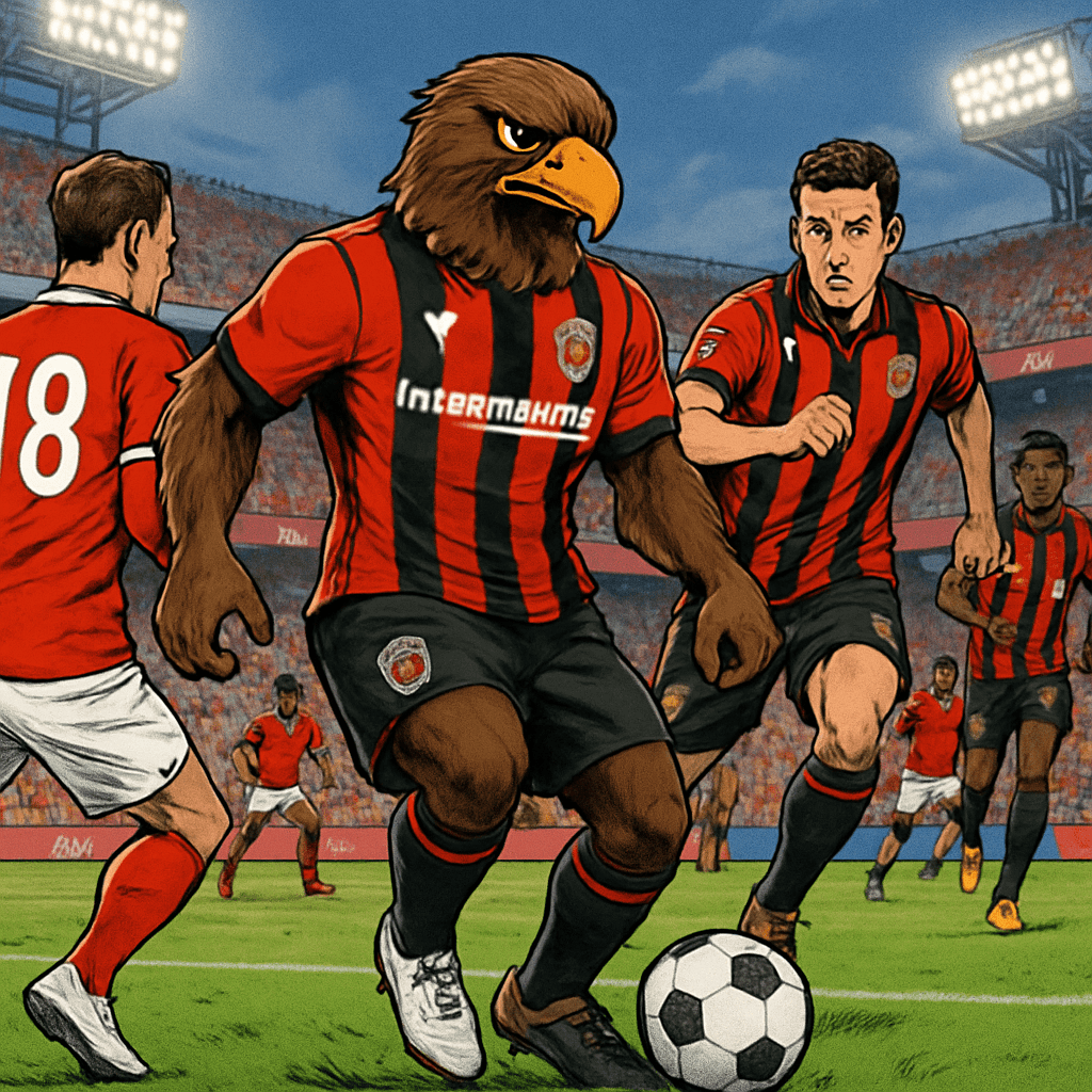A vibrant scene at a packed stadium during a European match, with fans wearing the red and black of OGC Nice, showcasing their eagle mascot in action. The atmosphere is electric, with players warming