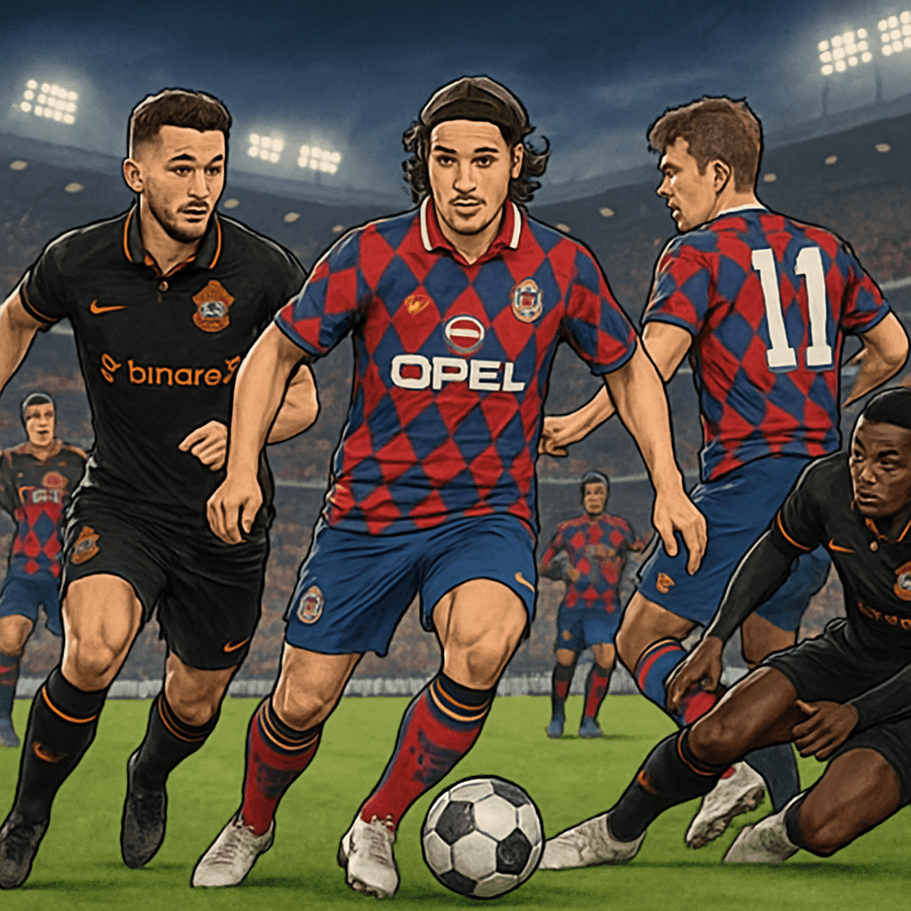 A vibrant scene at a packed stadium with Corinthians players in their striking black third kit featuring orange detailing, while Bayern Munich players showcase their retro red-and-blue diamond pattern
