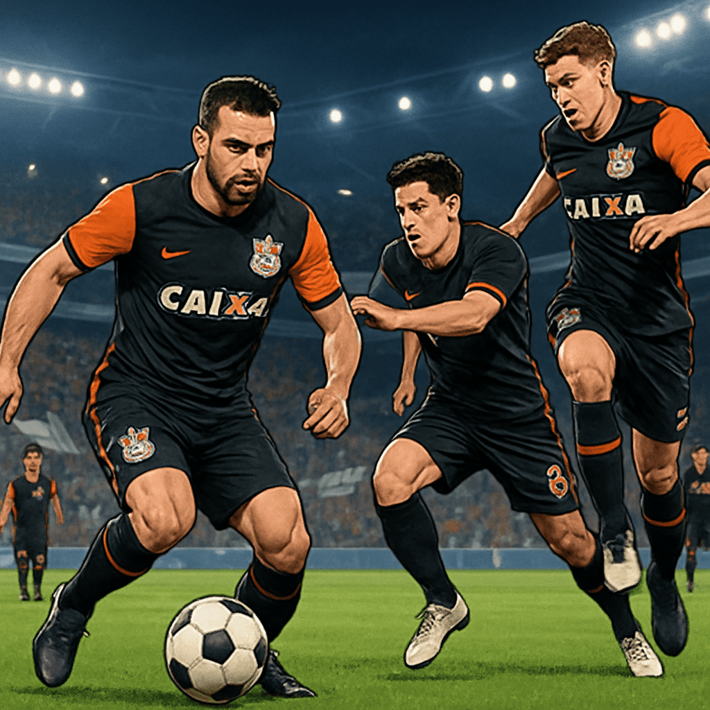 A vibrant scene at a football match featuring Corinthians players in their striking black and orange third kit, with fans in the stands waving banners. The atmosphere is electric, showcasing the team'