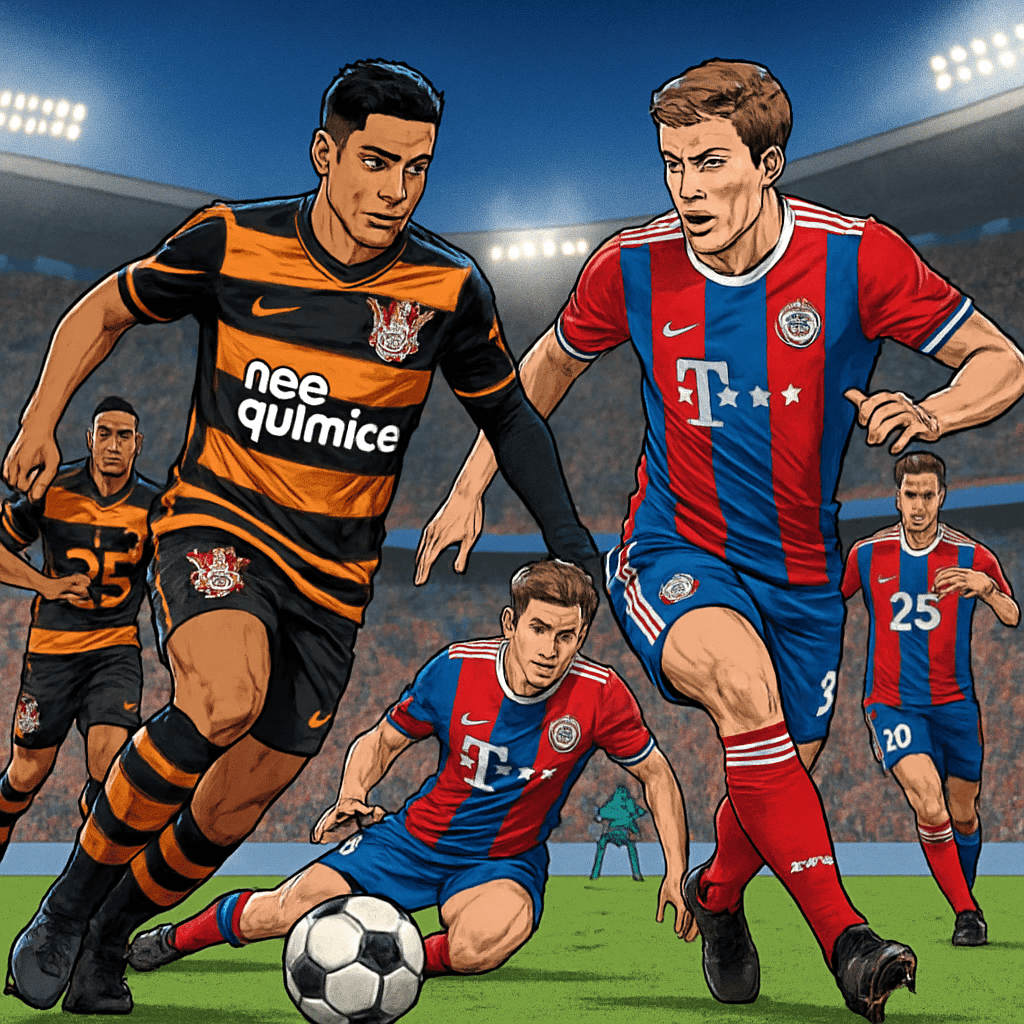 A vibrant scene at a football stadium featuring players in Corinthians' black and orange third kit and Bayern Munich's red-and-blue retro jersey. The atmosphere is electric, with fans cheering and wav
