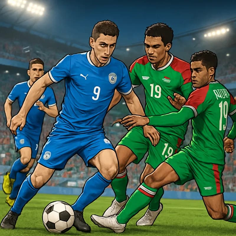 A vibrant soccer scene featuring young players in blue and white kits for Israel and green and red kits for Palestine, playing on a lush green pitch under bright stadium lights. The atmosphere is elec