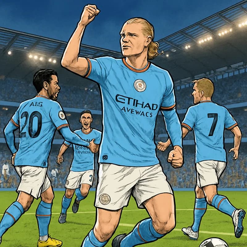 A vibrant scene at the Etihad Stadium, with Manchester City players in their sky blue jerseys celebrating a goal. The stadium is packed with enthusiastic fans, waving flags and banners, creating an el