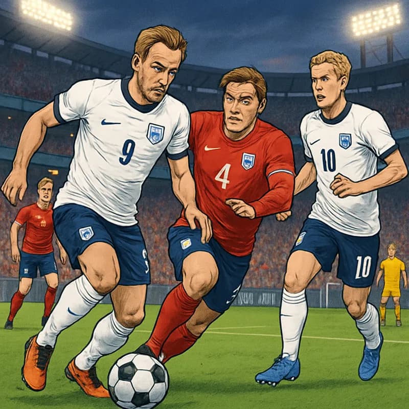 A vibrant scene at a packed stadium in Miami, with England in their classic white jerseys and Norway in their red kits. The atmosphere is electric, with fans waving flags and a green pitch ready for a