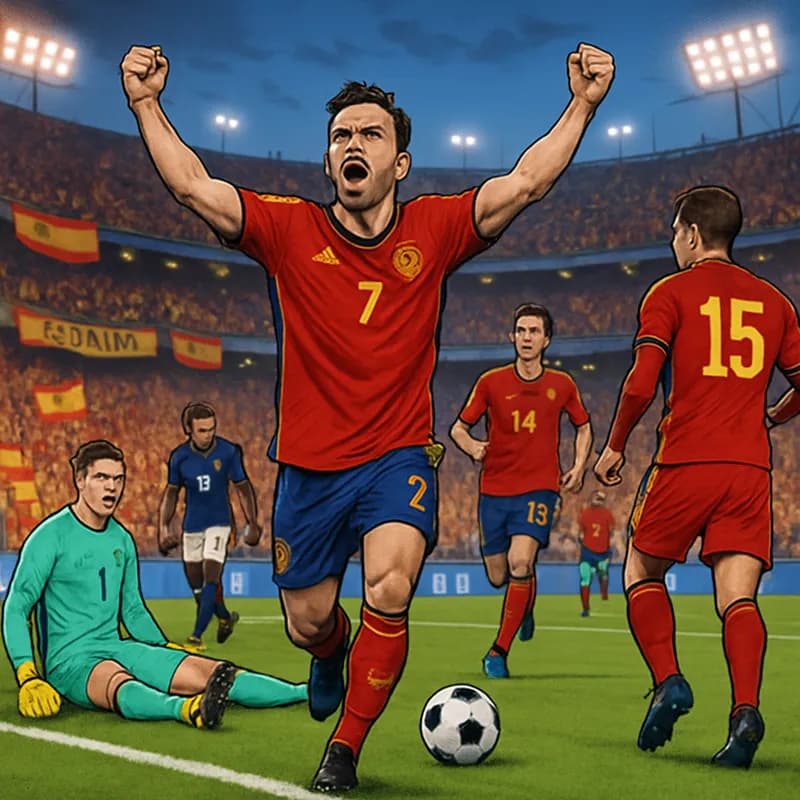 A vibrant scene at the World Cup final with fans in Spain's red and yellow kits celebrating a goal. The stadium is packed with colorful banners, a green pitch, and a lively atmosphere, showcasing the
