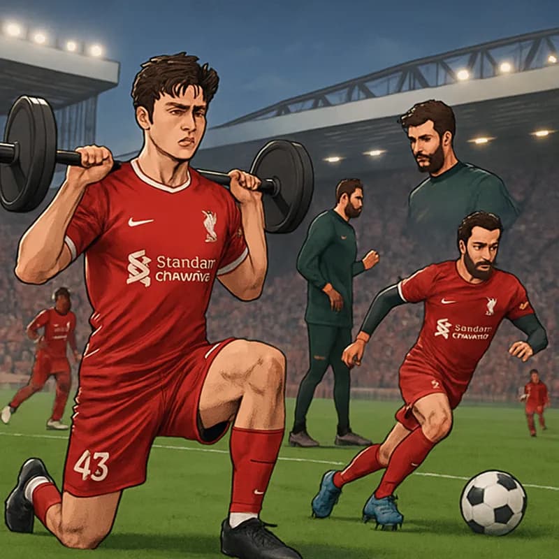 A vibrant scene at Anfield with Liverpool players in their red jerseys training on the pitch. Giovanni Leoni is shown working on strength exercises, while Alisson is seen in the background discussing