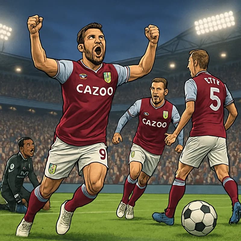 A dramatic scene at a packed stadium, with Aston Villa's claret and blue colors prominently displayed as players celebrate. In the foreground, a soccer ball lies on the grass, while fans cheer enthusi