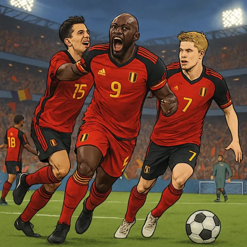 A vibrant stadium scene during a World Cup match, with players in Belgium's red and yellow kits celebrating a goal. The atmosphere is electric, with fans waving flags and cheering on their team, captu