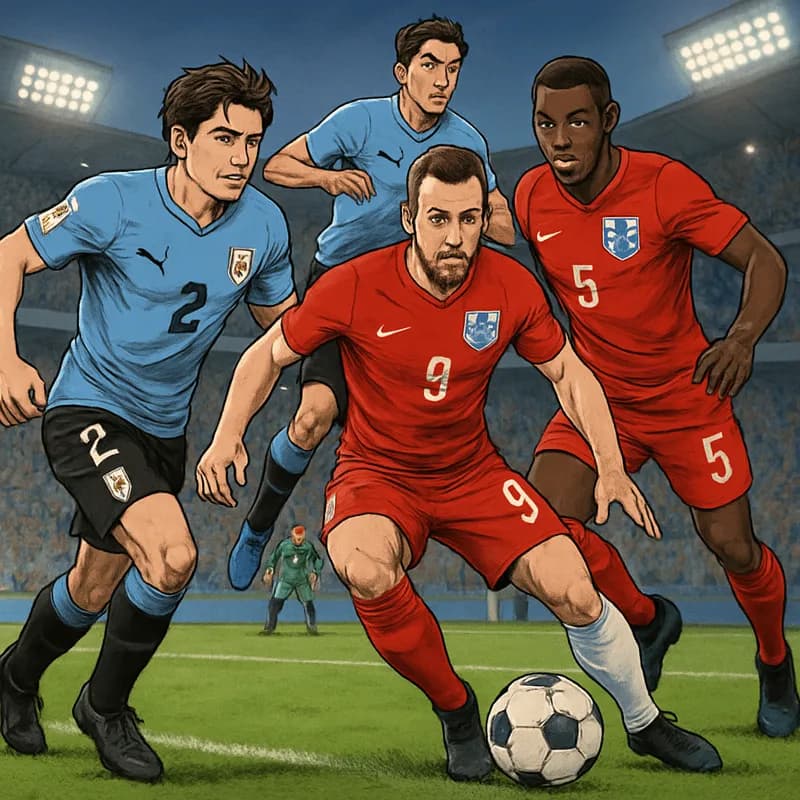 A tense scene at a packed stadium during a World Cup match, with players in the blue and white of Uruguay and the red of England. The atmosphere is electric, with fans cheering passionately, and a rou