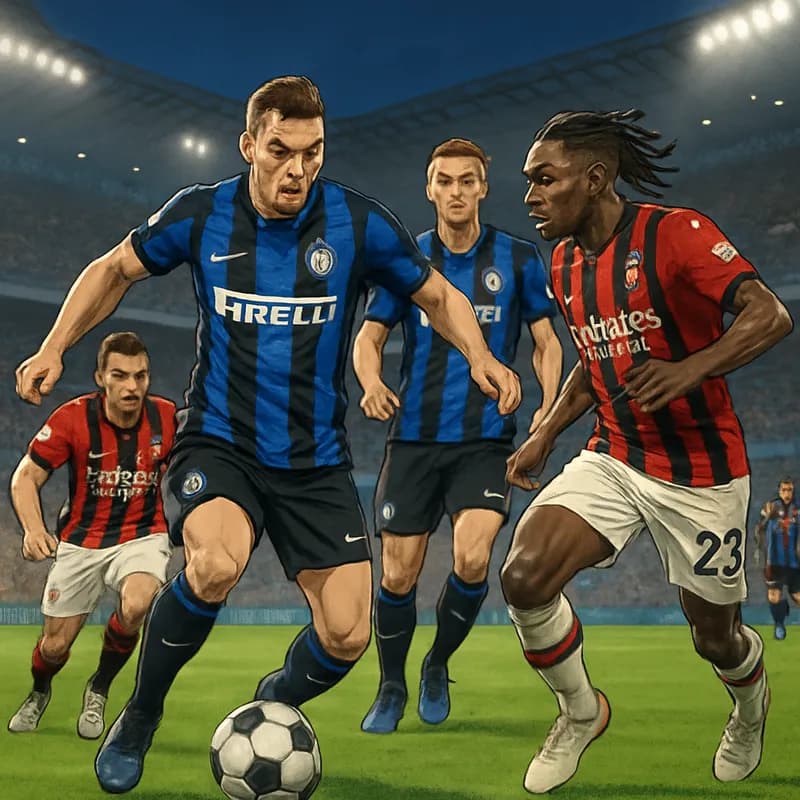 A vibrant scene at San Siro during a Serie A match, showcasing Inter Milan's blue and black striped jerseys. The stadium is packed with fans cheering, with a lush green pitch and a soccer ball in play