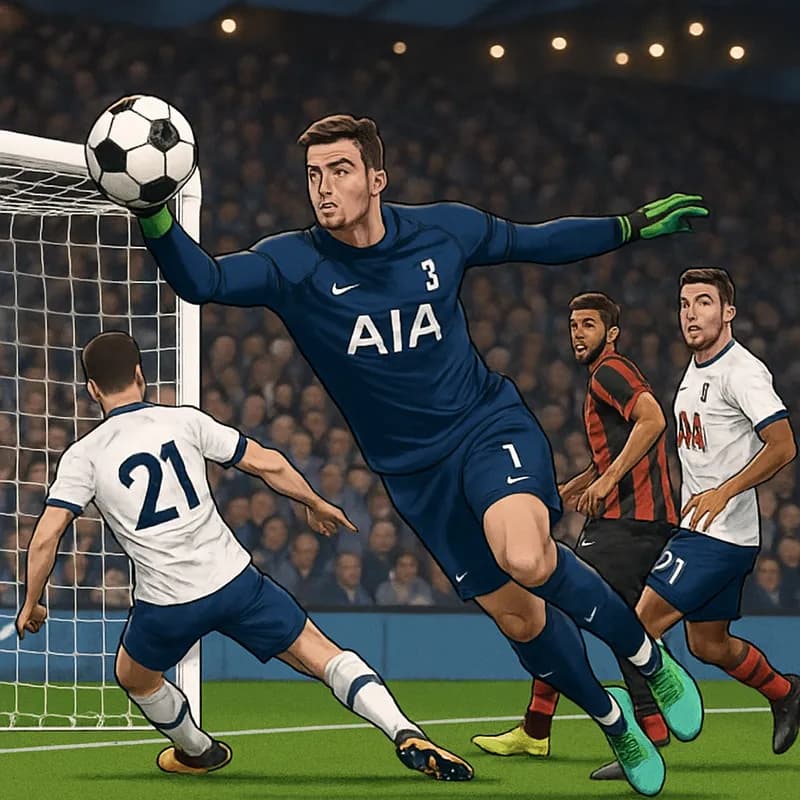 A vibrant scene at Tottenham Hotspur Stadium, featuring Guglielmo Vicario in the team's navy blue and white kit, making a crucial save. The crowd is lively, with fans cheering passionately in the stan