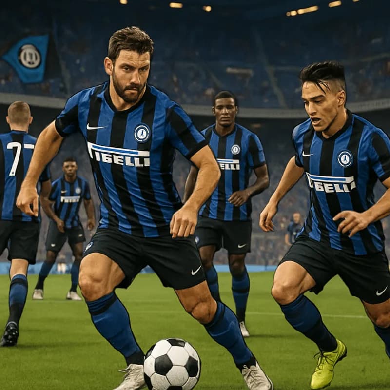 A vibrant scene at San Siro, with Inter Milan players in their blue and black striped jerseys training on the pitch. The stadium is filled with passionate fans waving flags, creating a lively atmosphe