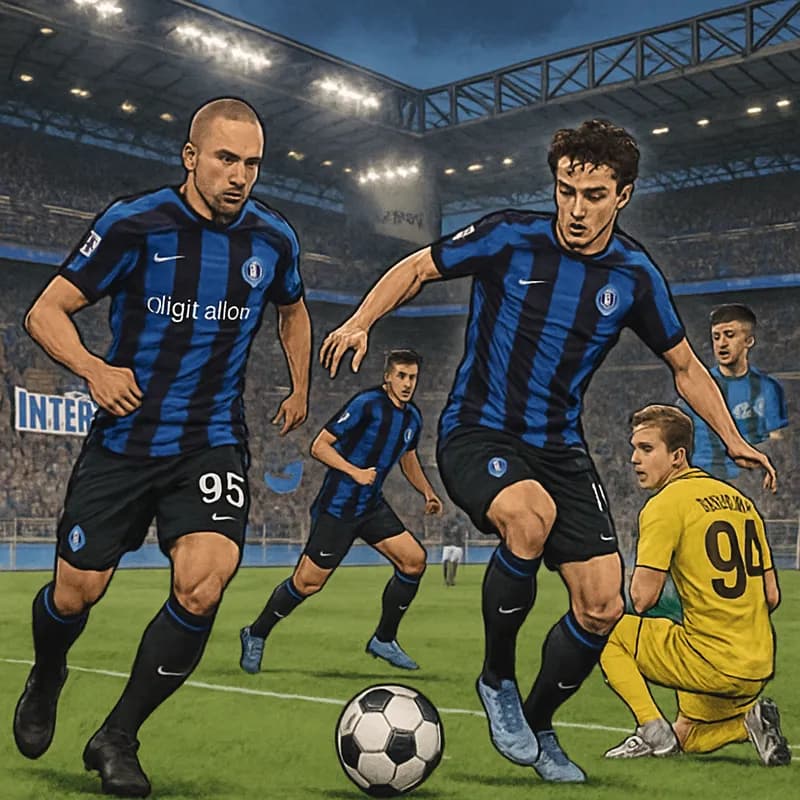 A vibrant scene at San Siro, with Inter Milan's blue and black striped jerseys on display as Ivan Provedel undergoes a medical. The atmosphere is electric, with fans holding banners and flags, celebra