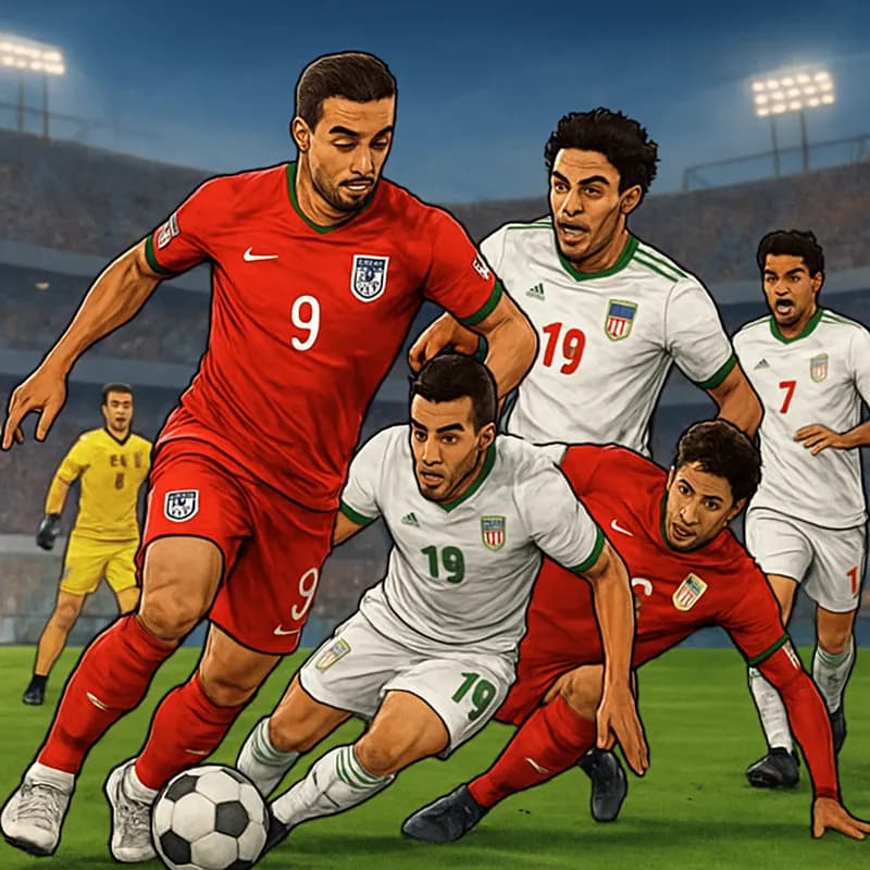 A vibrant scene outside the Los Angeles Stadium with fans waving Iranian flags, including the pre-revolutionary Lion and Sun emblem. The atmosphere is charged with excitement and tension as supporters