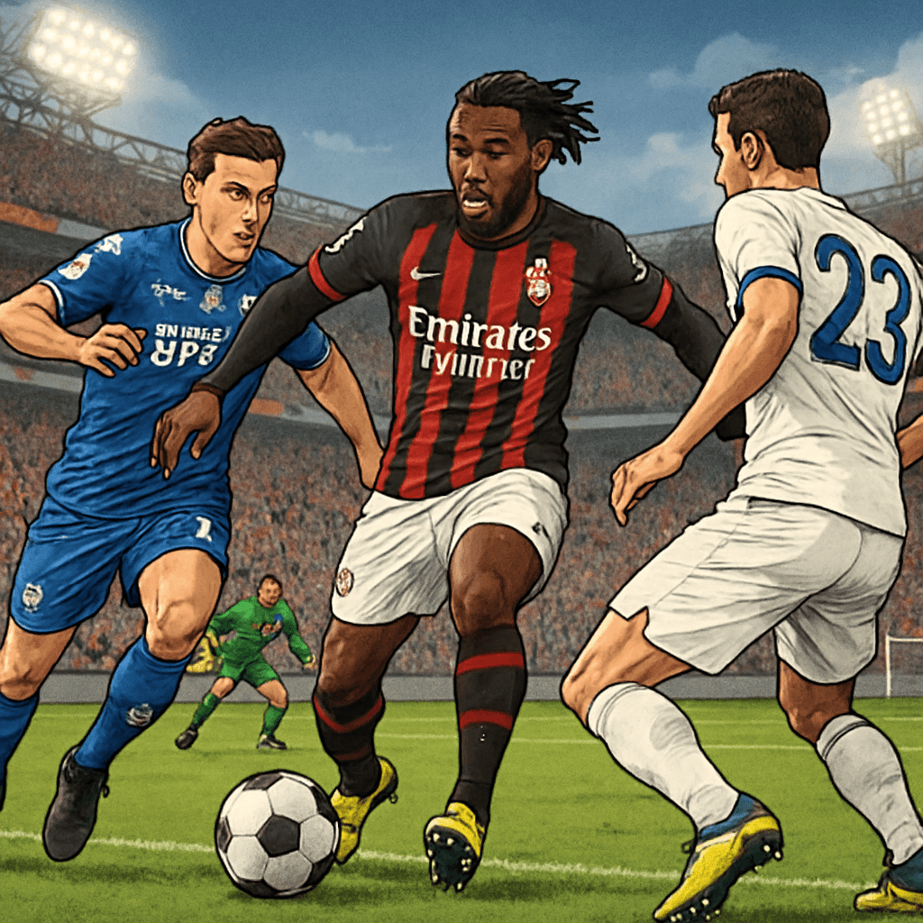 A vibrant scene at a packed Serie A stadium, with fans in AC Milan red and black jerseys cheering loudly. The green pitch is marked with tactical formations, with a round ball in the center, under flo