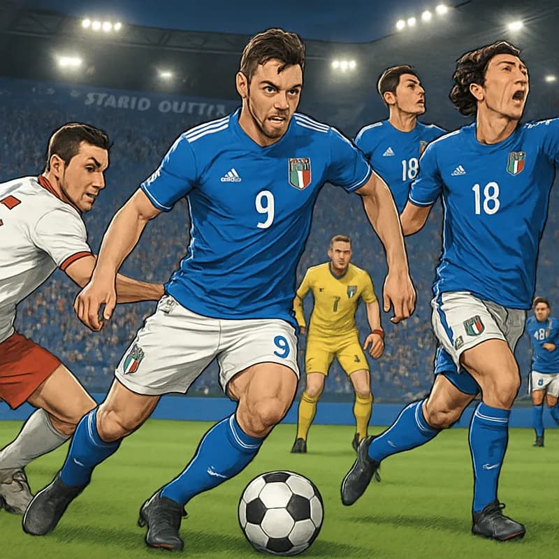 A vibrant scene at the Stadio Olimpico, with fans in blue Italy jerseys cheering passionately. The pitch is lush green, and the atmosphere is electric as players warm up for a critical match.